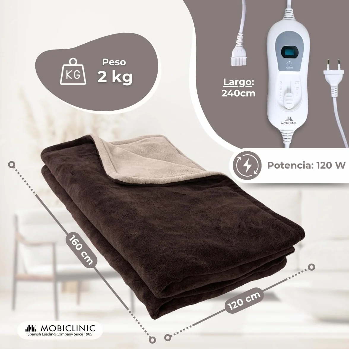 Mobiclinic Manta eléctrica 160x120 cm 100W Temperatura regulable Apagado automático Lavable 3 ajustes de calor