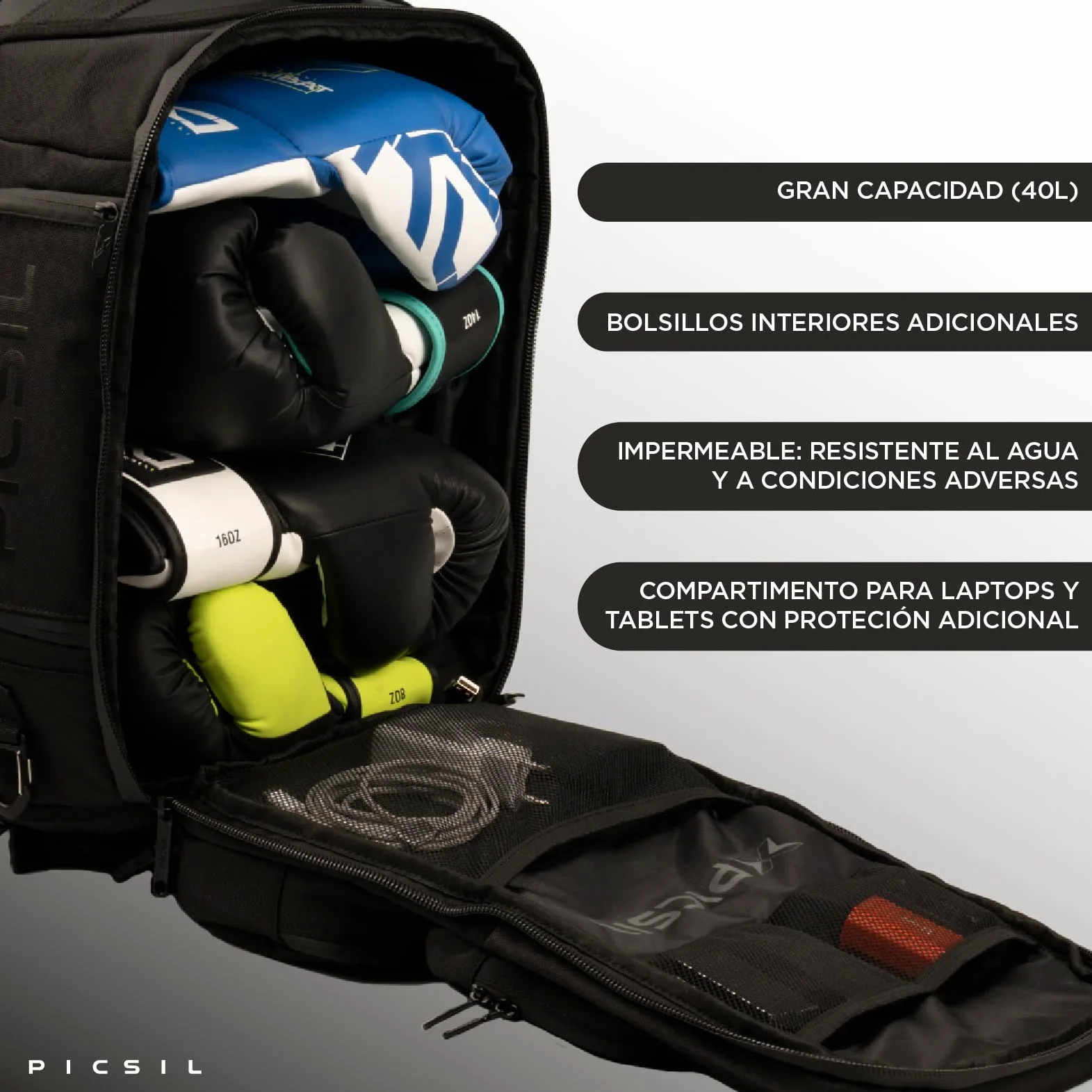 PICSIL Maverick, Mochila Táctica, Múltiples bolsillos - 40L, Moonless | Impermeable y resistente. Backpack con bolsillo térmico, puerto USB y compartimientos intelligentes. Para viaje o deporte.
