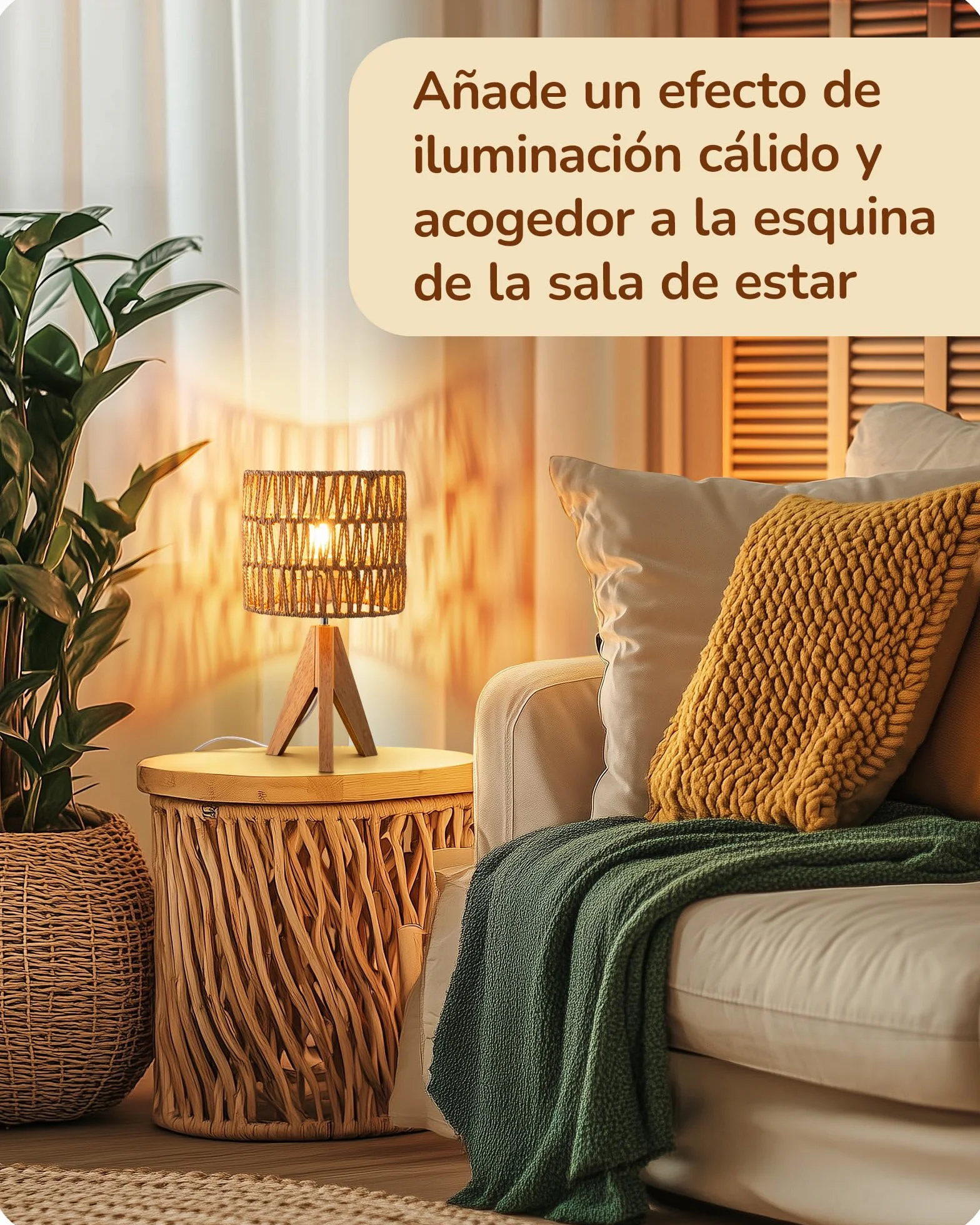 EDISHINE Lámpara de Mesa Pantalla de Lino Blanco Base de Madera Natural E27 Bombilla LED 2700K Incluida