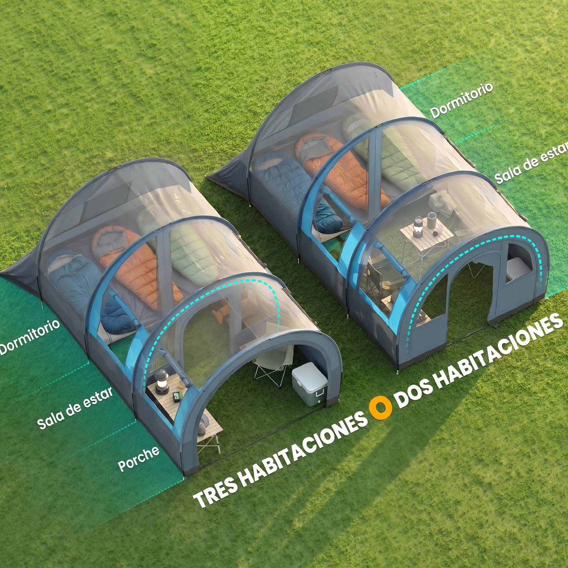 Outsunny Tienda de Campaña Familiar para 3 Personas Tienda de Camping Plegable Impermeable 3000 mm con 2 Habitaciones Puertas y Bolsa de Transporte para Senderismo 480x260x200 cm Gris