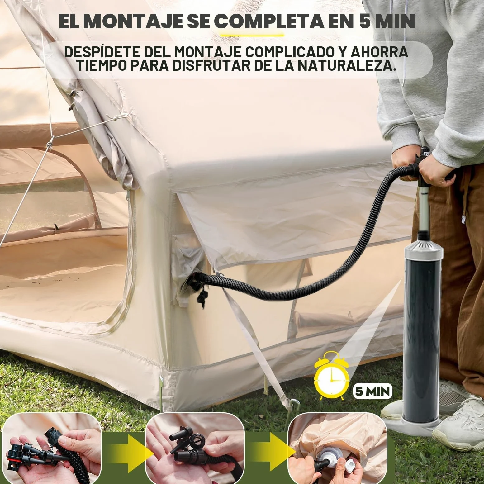 Tienda de campaña inflable con apertura de chimenea y claraboya, para exteriores, 2-10 personas, con bomba de aire, de tela Oxford impermeable, para las 4 estaciones, montaje rápido
