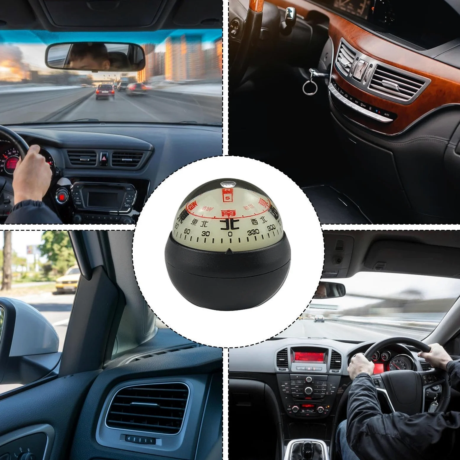 Bola de brújula automotriz | Tablero de instrumentos de coche y barco con esfera de brújula de doble esfera | Soporte de tablero de diseño luminoso, para coches, barcos, vehículos al aire libre