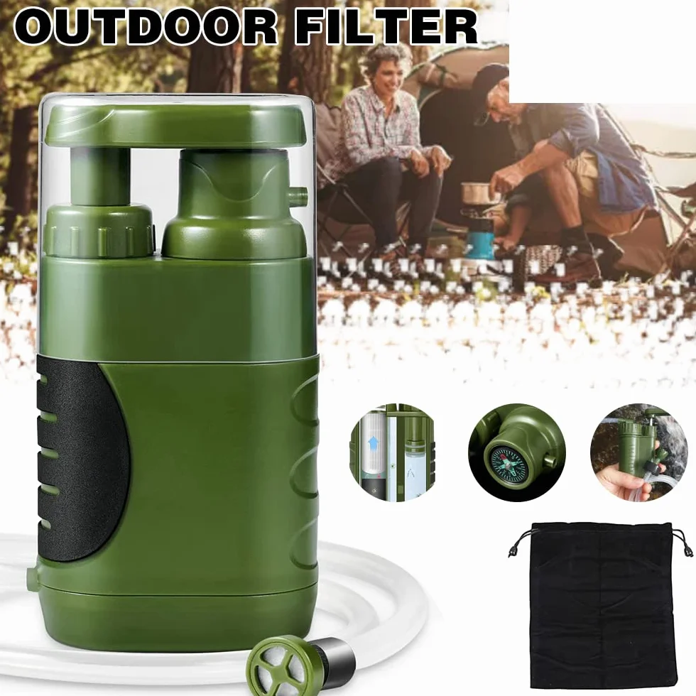 Namvo Filtro de agua para exteriores, tratamiento de agua potable, 3000 L, para supervivencia y camping, para equipo de emergencia, color verde militar