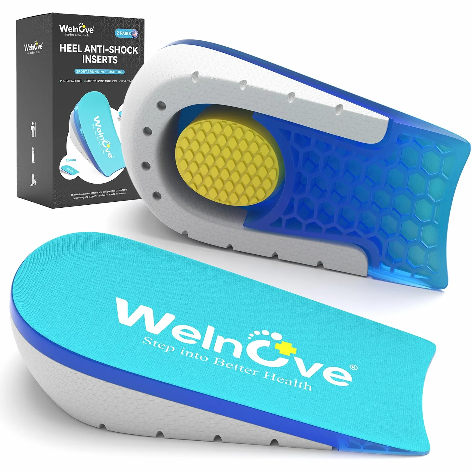 Welnove Almohadilla de talón para aliviar el dolor, Plantilla para Fascitis plantar, Mujeres 37,5-41, Hombres 37-39, 0,6-1 pulgadas, 2 pares