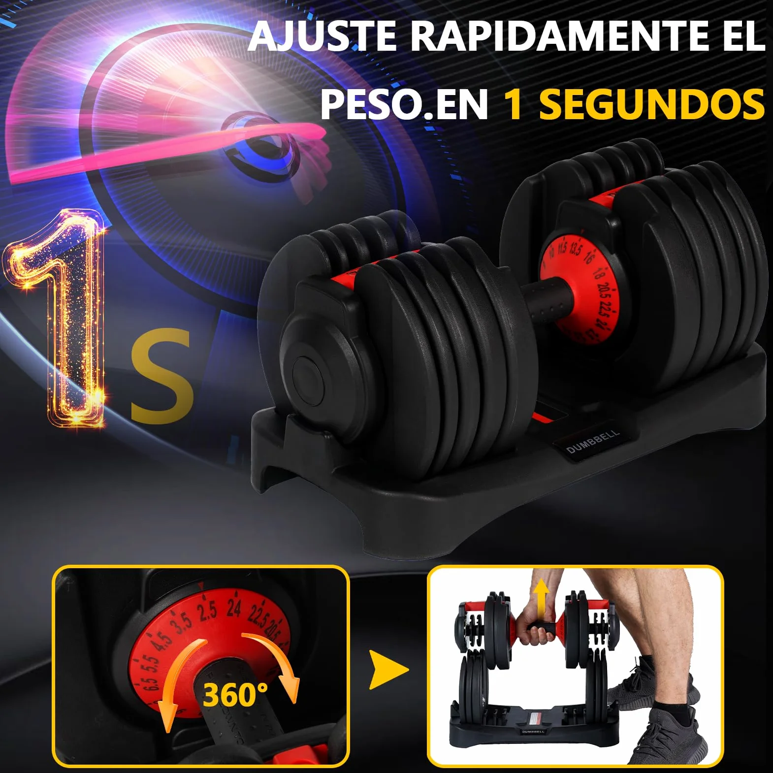 24kg Mancuerna Ajustable,Pesas y Mancuernas,Mancuernas Cortas Ajustables,15 Niveles de Peso,Ajuste Rápido Ajuste Con Una Sola Pulsación,Juego de Mancuerna con Discos de Pesas (Único 24kg)