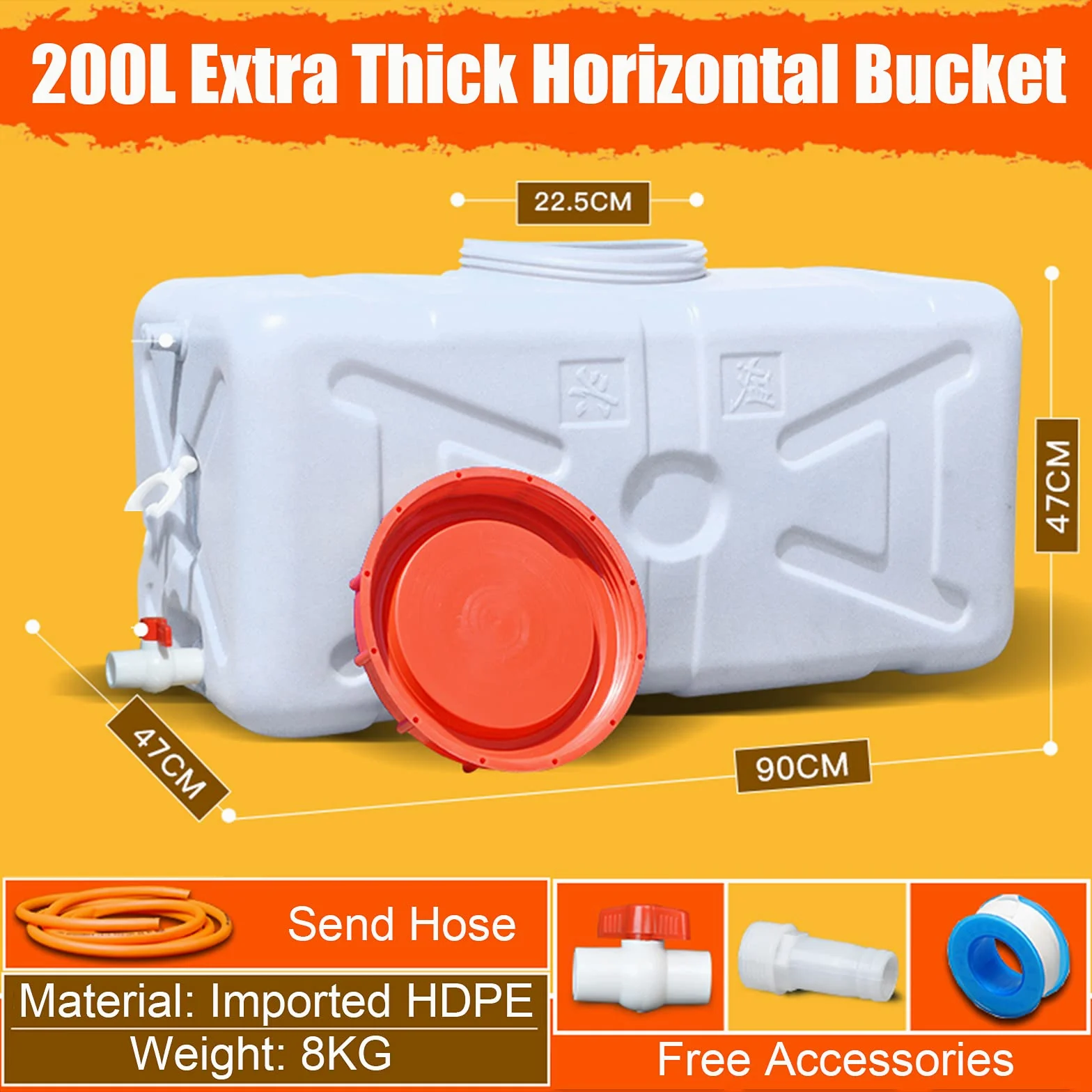 Bidon agua 200 Litros Blanco Depósito De Agua Con Grifo，Recipiente De Almacenamiento De Agua Horizontal De Plástico Grueso，Cubo De Almacenamiento，Ideal Para Campamento Senderismo Pícnic Coches De Viaj