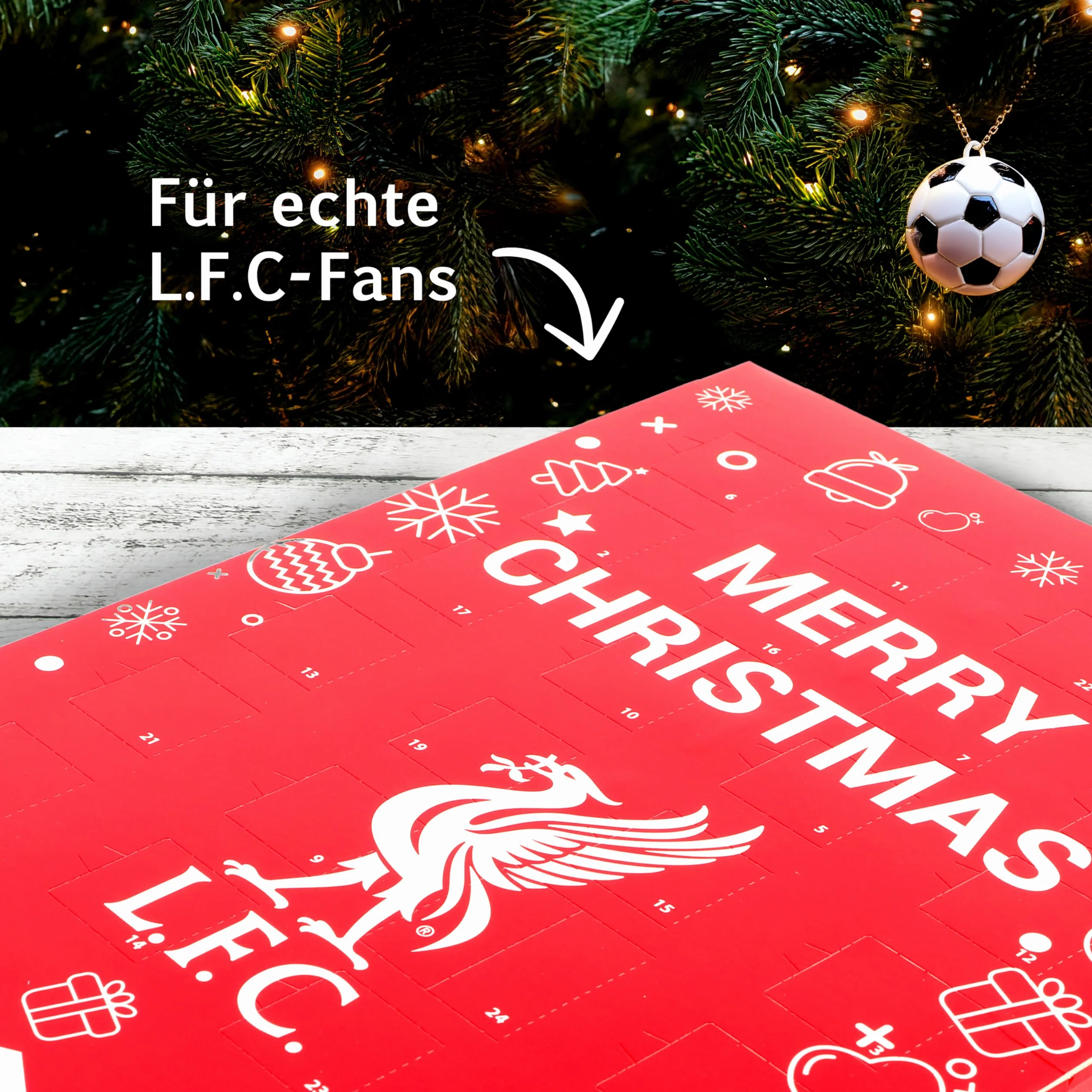 Gunz Calendario de adviento de chocolate del Liverpool FC de comercio justo, calendario de Navidad con 24 sorpresas de chocolate (120 g) + postal en la parte posterior – Regalo de Adviento para