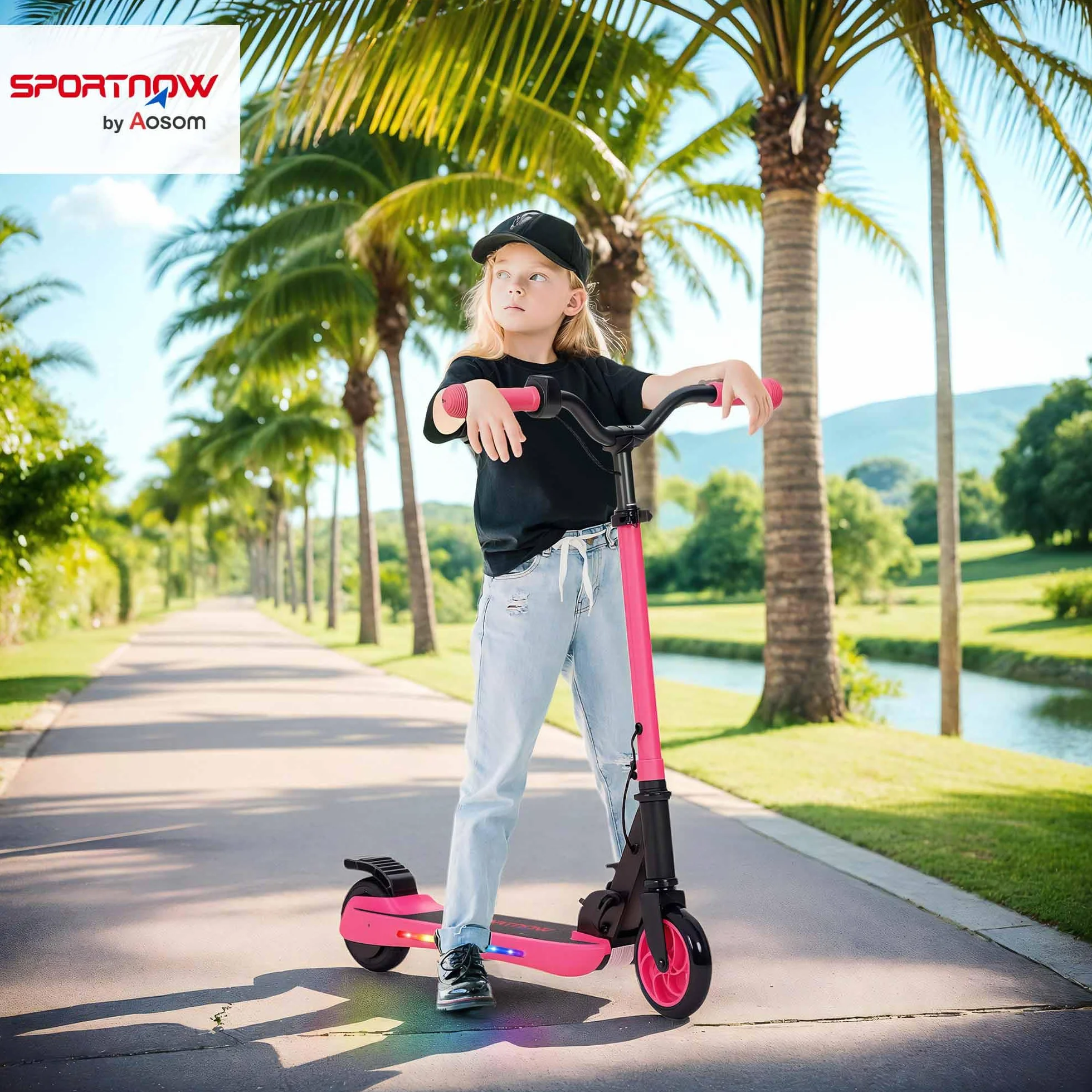 SPORTNOW Patinete Eléctrico Plegable MAX 10 KM/H Patín Eléctrico de +6 Años Motor 120 W Autonomía 6 KM Ruedas de 5" - 5,5" Freno Posterior Altura Ajustable Luces LED y Marco de Aluminio