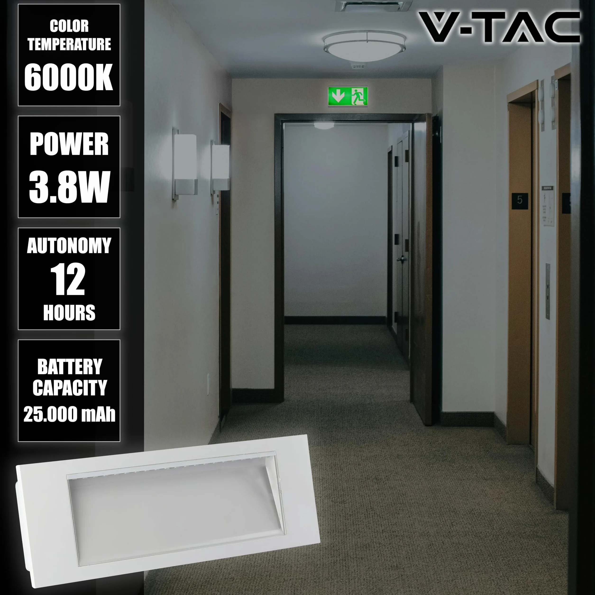V-TAC Lámpara LED de Emergencia 3,8W 25000 mAh IP20 6000K Luz Empotrable