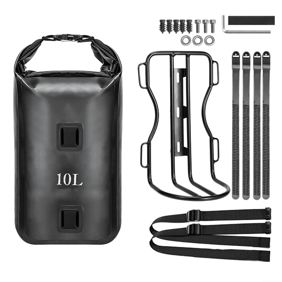 Aleación de aluminio frontal, soporte de horquilla y bolsa de bicicleta impermeable de 10 L, alforja de manillar de nailon, para bicicleta de carretera, soporte de scooter de bicicleta eléctrica