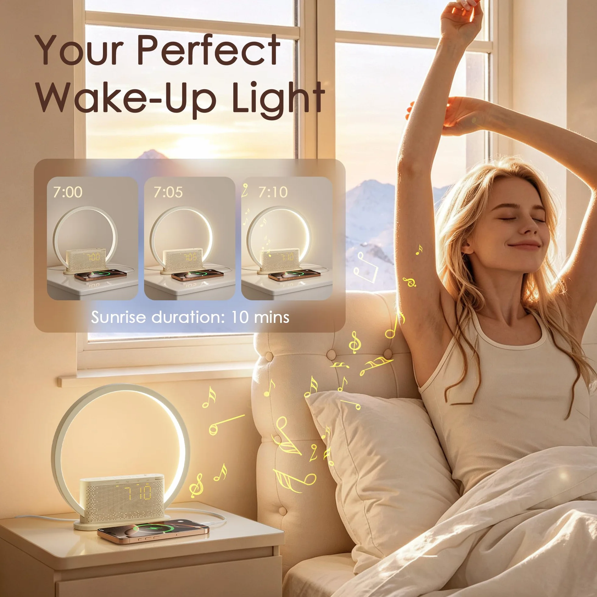blonbar Reloj Despertador con Luz de Amanecer 3 Niveles de Brillo Doble Alarma Sonidos Naturales USB Función de Posponer