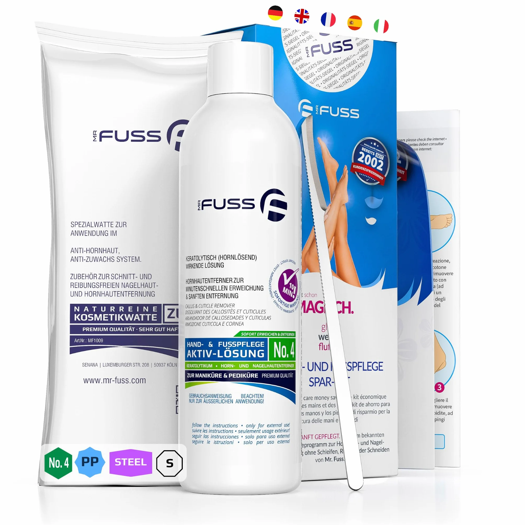 Mr. Fuss Removedor de Callos Solution No. 4 Plus Pack Steel Quitar Durezas Sistema de 3 Partes Eliminación Callosidad Cutícula
