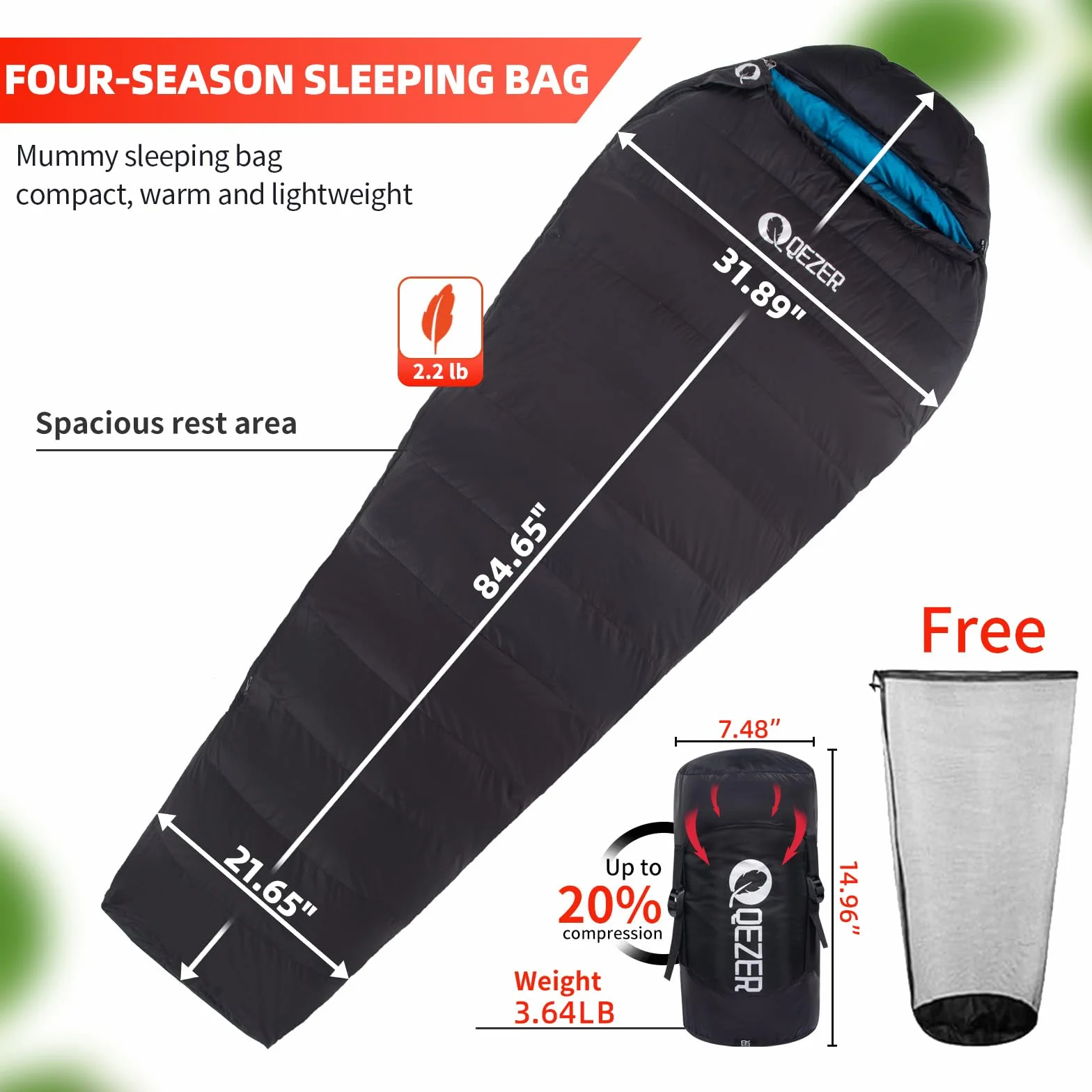 Saco de dormir de plumón para adultos, saco de dormir de 0 grados con relleno de 620 grados, ultraligero, saco de dormir para mochileros