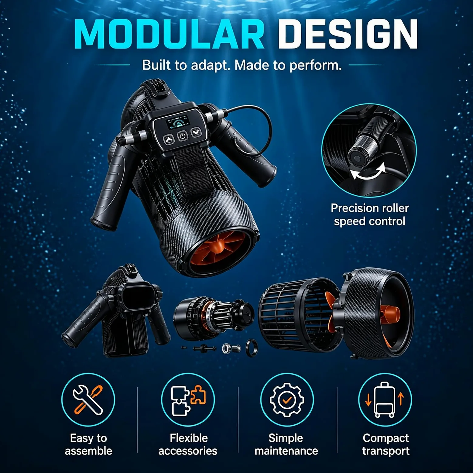 Scooter Submarino de 650W, Vehículo de Propulsión Subacuática para Buceo con 2 Baterías de 4400mAh y 2 Gafas de Natación, Profundidad Máxima de 40 m, Velocidad Máxima de 7 km/h, Empuje de 7,8 kg