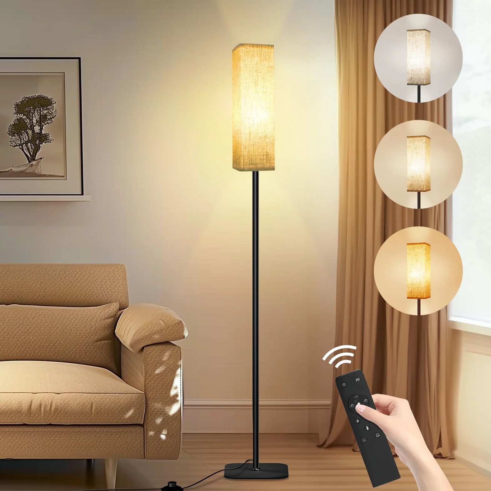 Lámpara de Pie Moderna con Mando a Distancia, 2700K-6500K, Pantalla de Lino, Luz Nocturna