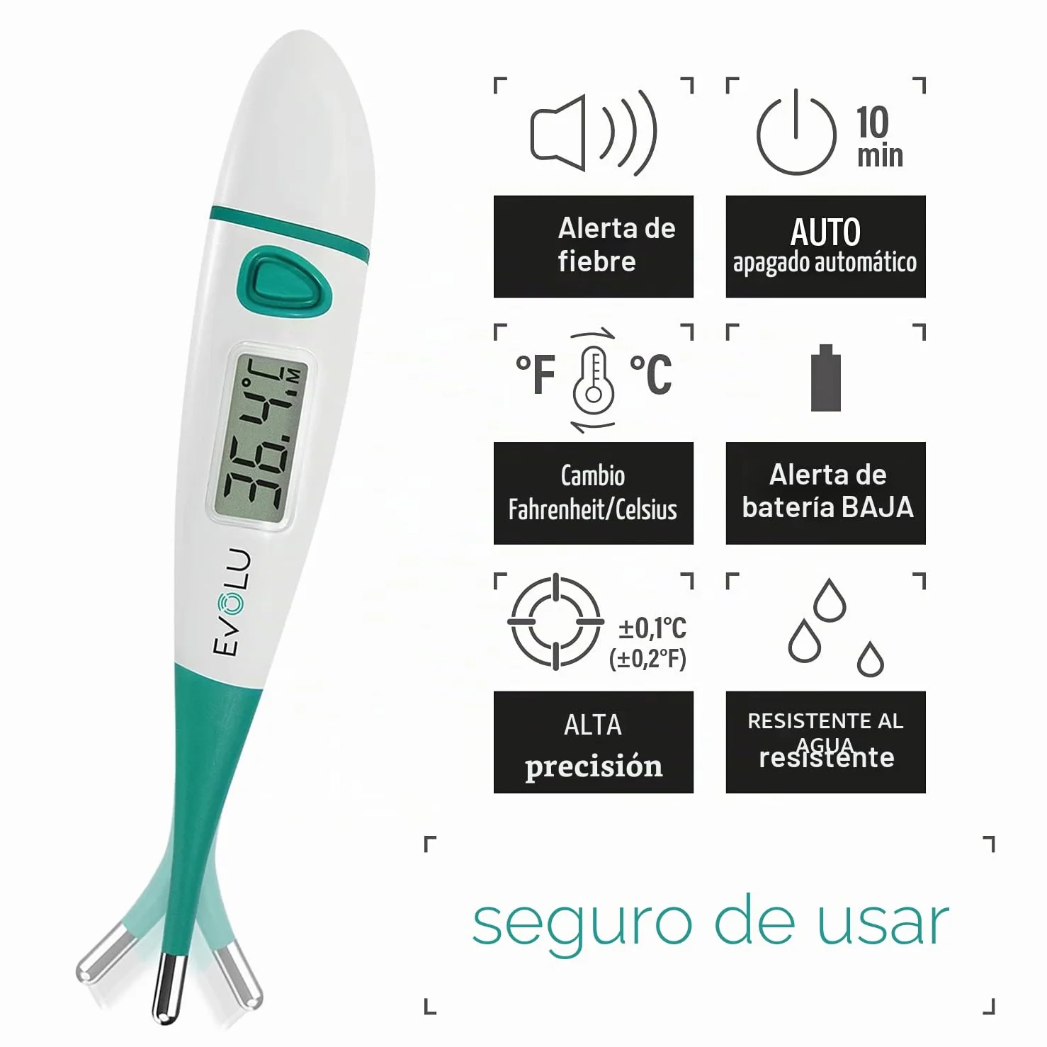 Evolu Termómetro digital oral rectal axilar 10 segundos punta flexible bebés niños adultos exactitud 0,1°C pantalla fácil lectura funda