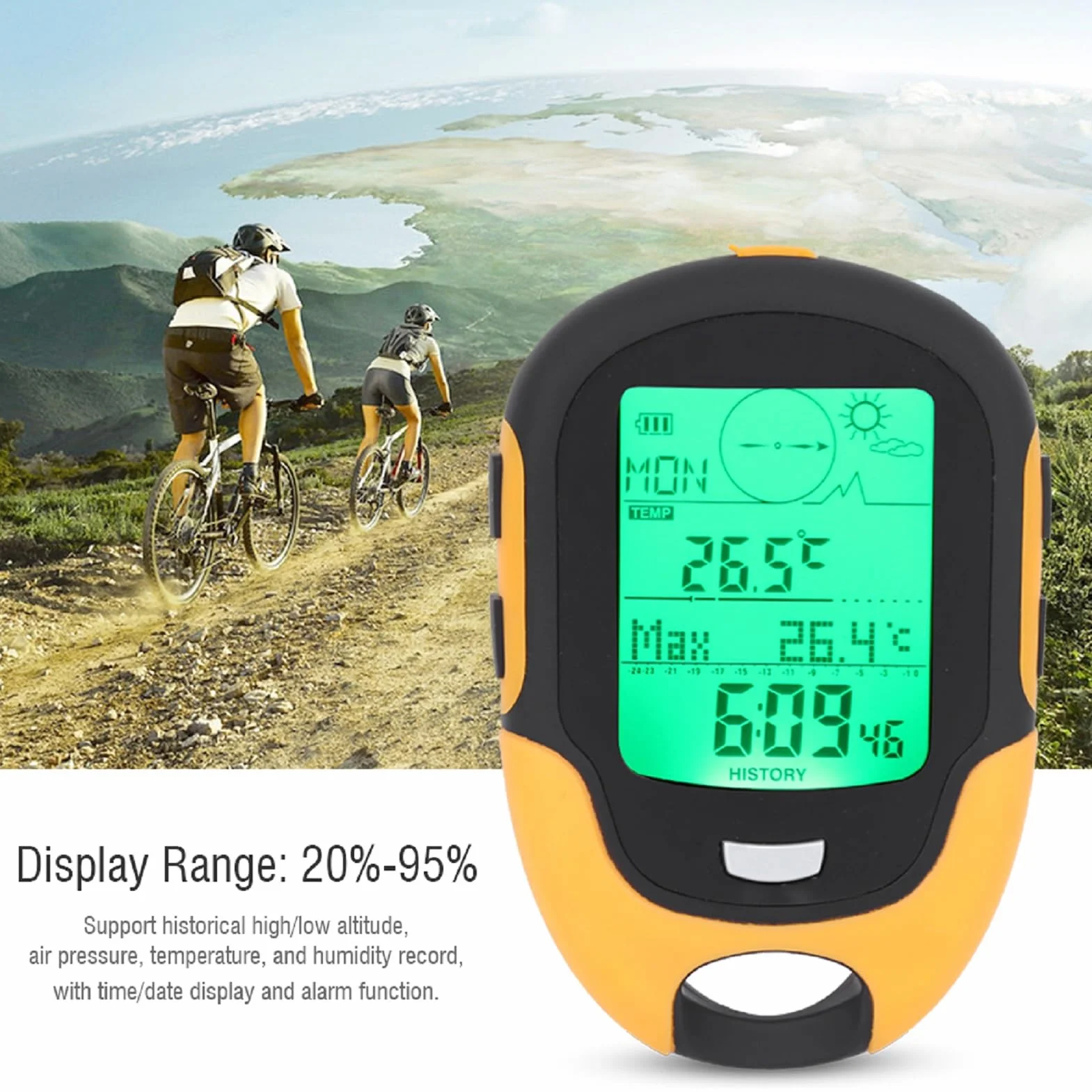FR500 Al Aire Libre Multifuncional Coche Altímetro Barómetro Termómetro Higrómetro Brújula Altímetro Digital con Múltiples Funciones Portátil Senderismo Altímetro Trekking