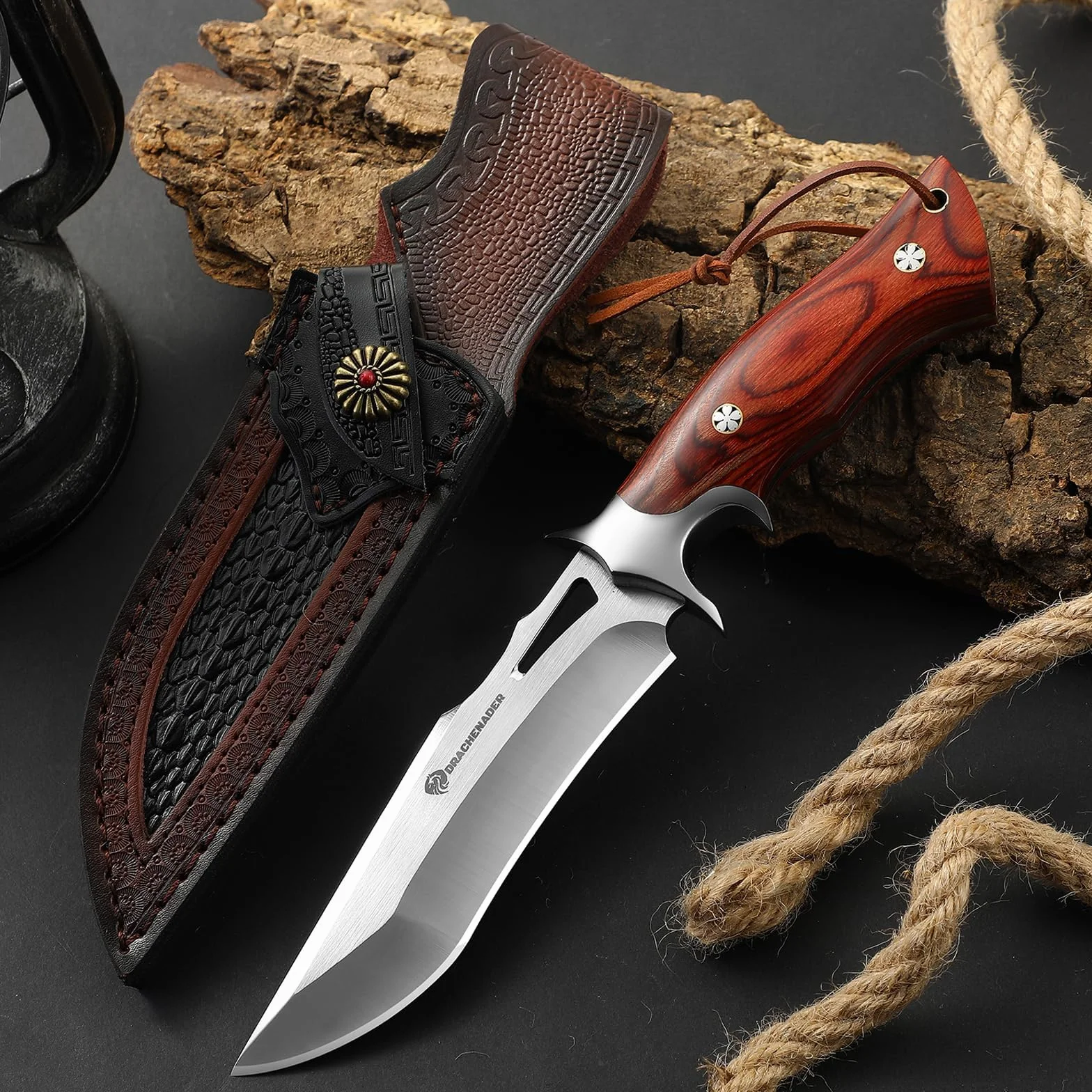 DRACHENADER cuchillo de cinturón cuchillo de supervivencia cuchillo de caza cuchillo grande, muy afilado bushcraft hoja fija con funda de cuero genuino, mango de madera