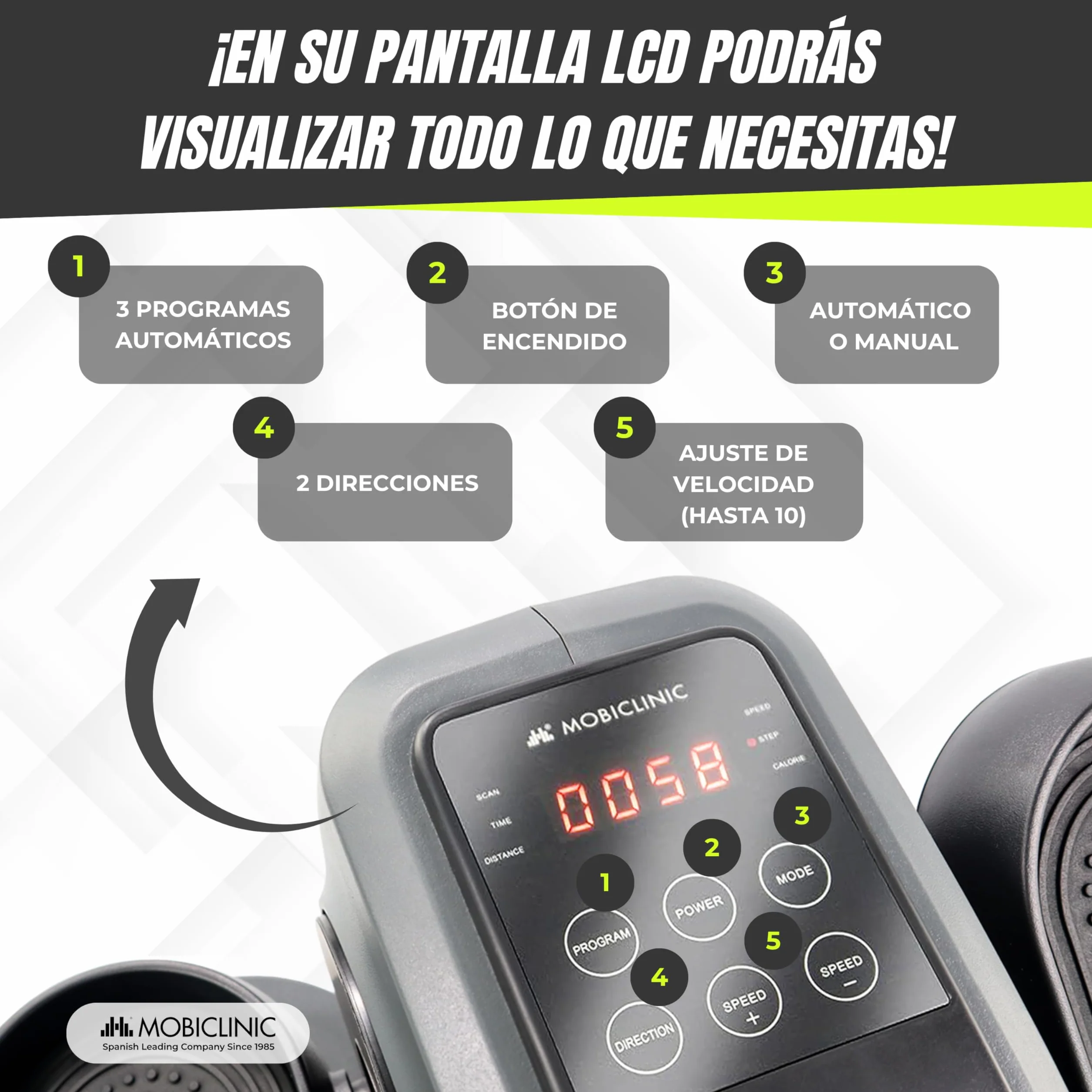 Mobiclinic® Fitness, Pedaleador eléctrico, Veleta, 10 velocidades, 3 programas, Pedales estáticos, Pantalla LCD, 60w, Resistencia Ajustable, Mando, Antideslizantes, Motor silencioso