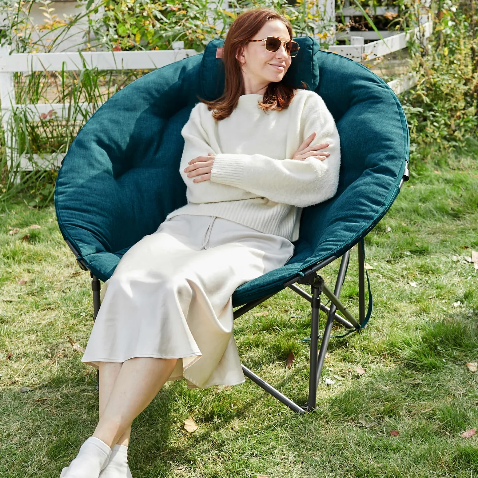 EVER ADVANCED Moonchair XXL - Silla de camping plegable (150 kg, redonda, acolchada, extra ancha, para exteriores, camping, jardín, balcón, interior, color verde