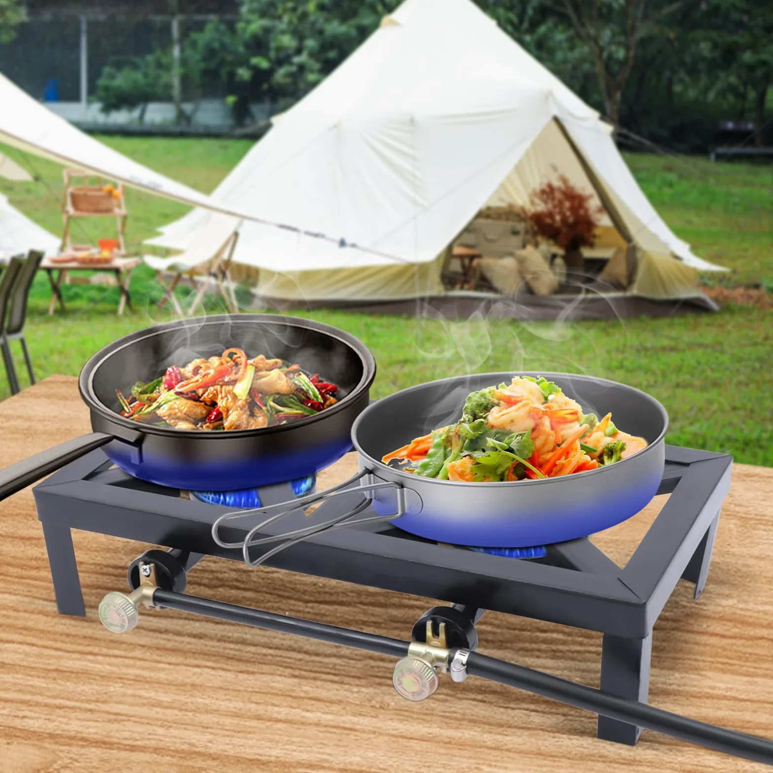 Estufa de gas para camping, doble quemador para exteriores, con manguera reguladora ajustable de 0 a 20 psi, 8000 W, parrilla de barbacoa, cocina de propano para camping, barbacoa, senderismo, al aire