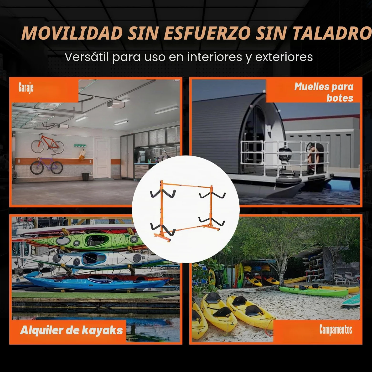 VEVOR Soporte para Kayak Independiente, 4 Piezas de Capacidad, Porta Kayak, Remo para Canoa, Soporte para Tabla de Remo de Acero Resistente con Brazos Acolchados, Ancho Ajustable, Carga 100 kg