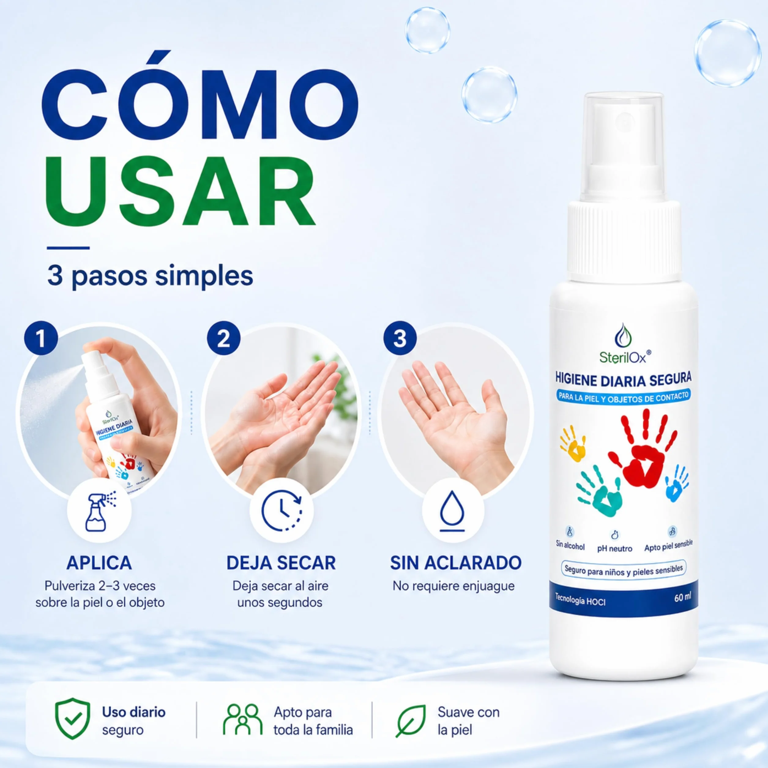 Spray Cosmético Antiseptico 60 ml con Ácido Hipocloroso, Sin Alcohol, Sin Perfume, Seguro para Niños y Mascotas