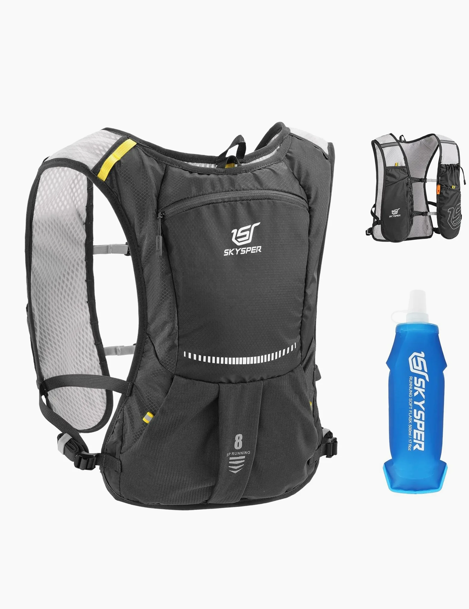 SKYSPER Chaleco de Hidratación Running 5L | Chaleco Ligero con Botella 500ML y Diseño Reflectante para Trail Maratón y Senderismo