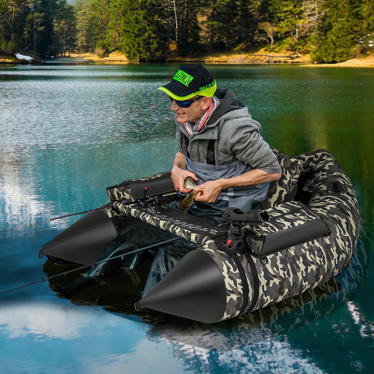 COSTWAY Barco de Pesca Inflable, Kayak Hinchable con 2 Aletas, Bomba Manual, Regla para Peces, Soporte para Caña, Bolsillos, Respaldo Ajustable y Correas, Bote Portátil para Adultos, Camuflaje