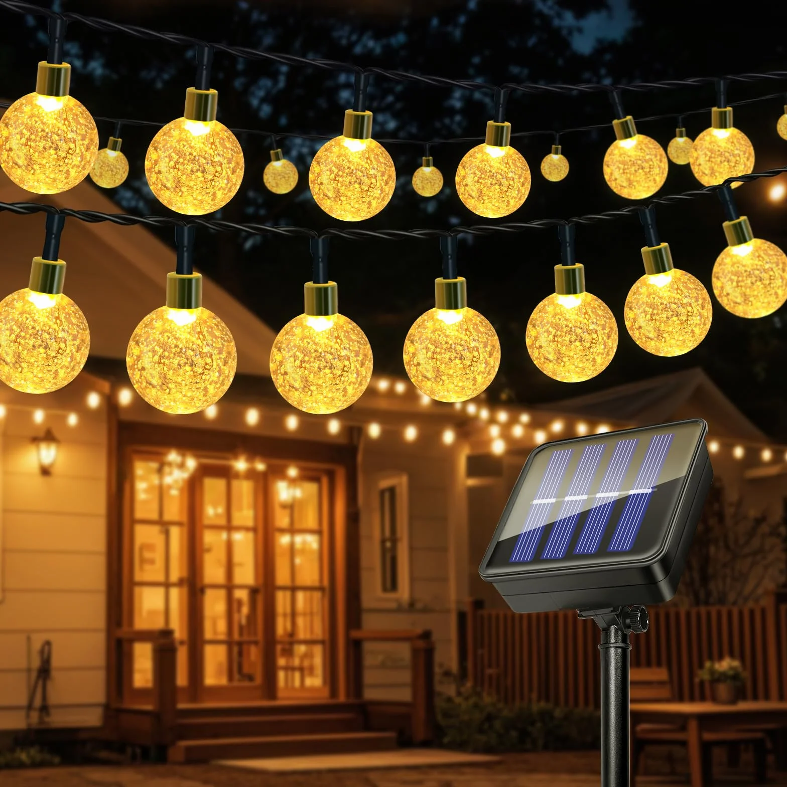 Guirnaldas Luces Exterior Solares 11M 60LED IP65 Impermeable 8 Modos Cadena Solar Blanco Cálido