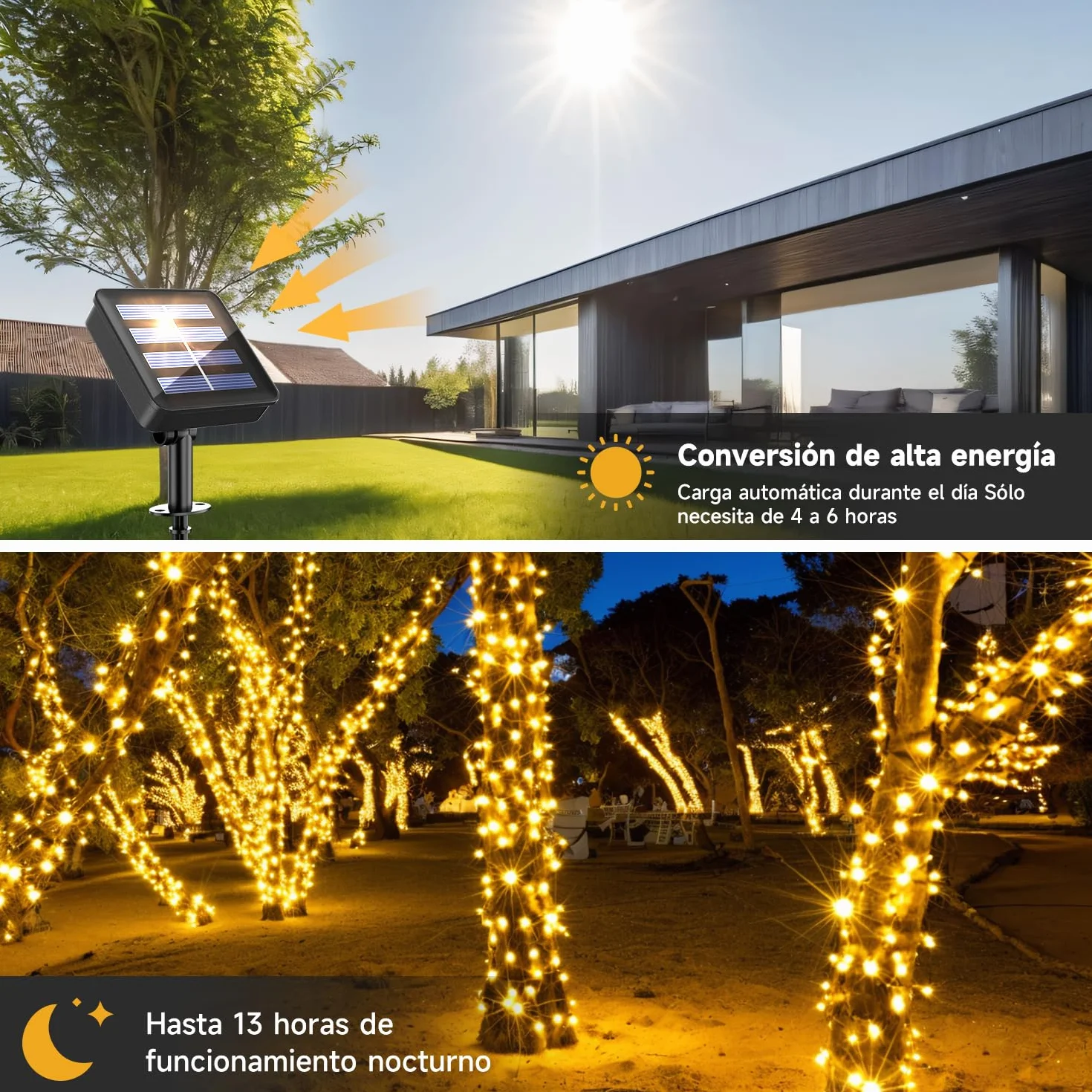 Guirnaldas Luces Exterior Solar 10M 2 Pack, IP65 Impermeable Cadena Solar 8 Modos Blanco Cálido