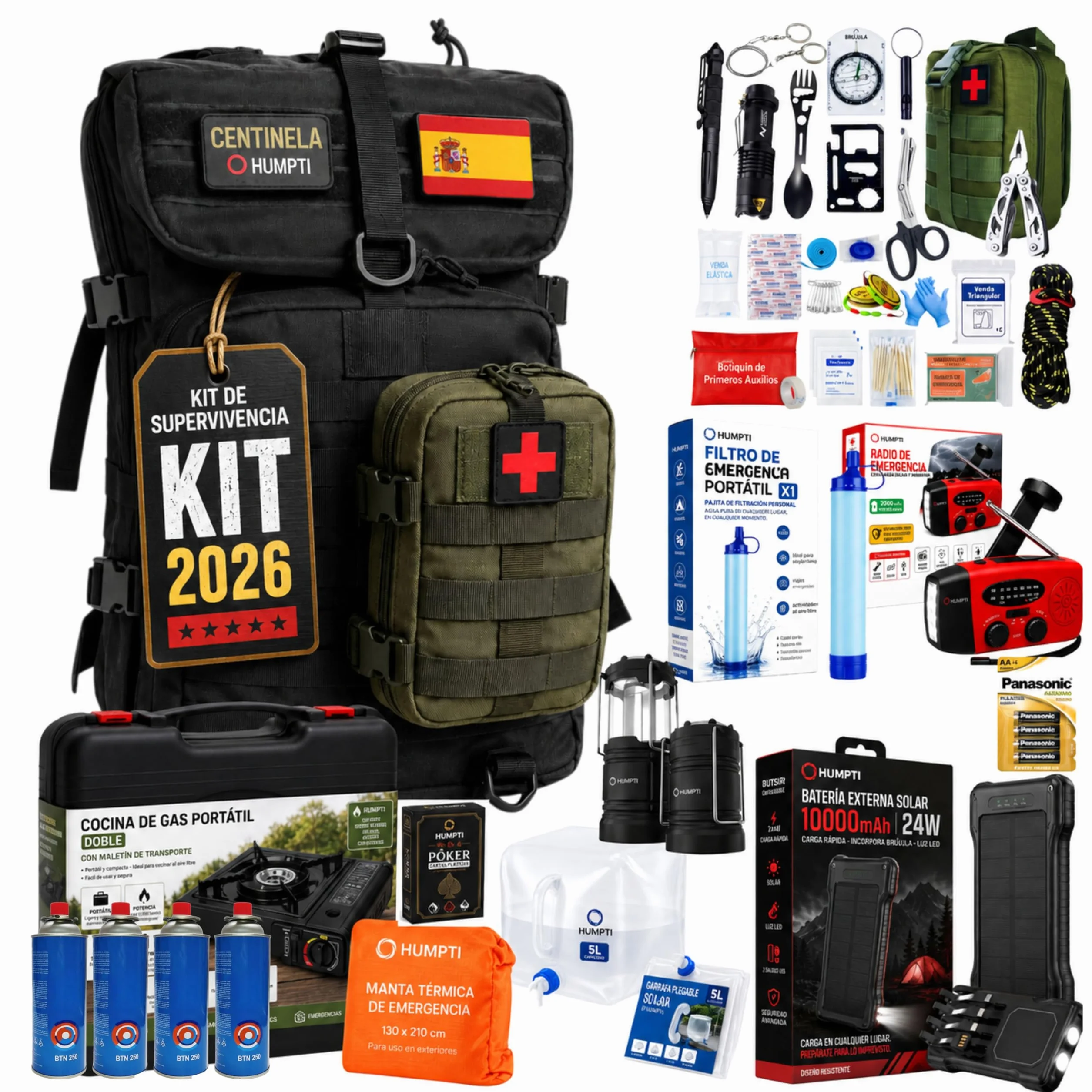 Kit de Supervivencia Completo UE 2026, Mochila Supervivencia 72 Horas Equipada con Camping Gas Portatil, Kit Supervivencia Catastrofe, Botiquín Táctico con Radio Sola, Alicates, Tijeras y Silbato