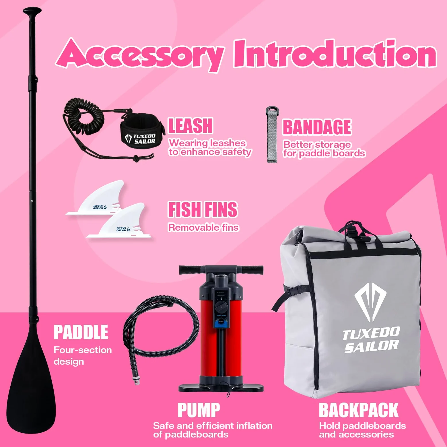 Tuxedo Sailor Tabla de remo inflable plegable para todos los niveles de habilidad, incluye tablas de remo, remo, aletas, mochila, color rosa