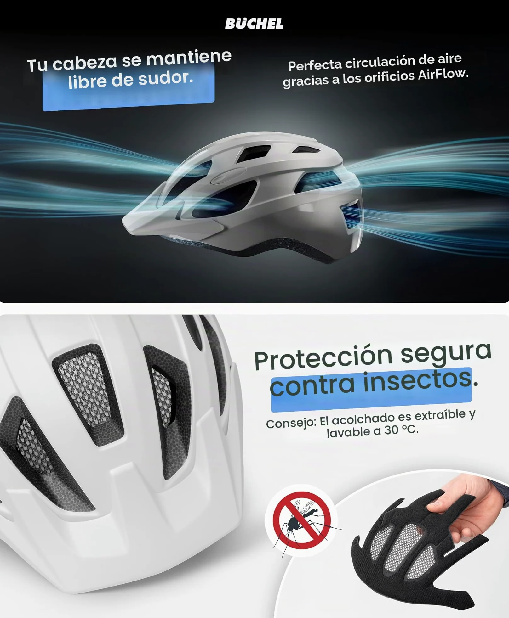 BÜCHEL Casco Bicicleta Adulto - Casco Bici con Tecnología In-Mould y Sistema CAM Lock para Hombre Mujer Niños - De Mentón Y Red Anti-Insectos Lavable - Capacete Bicicleta 52-57 cm y 58-61 cm
