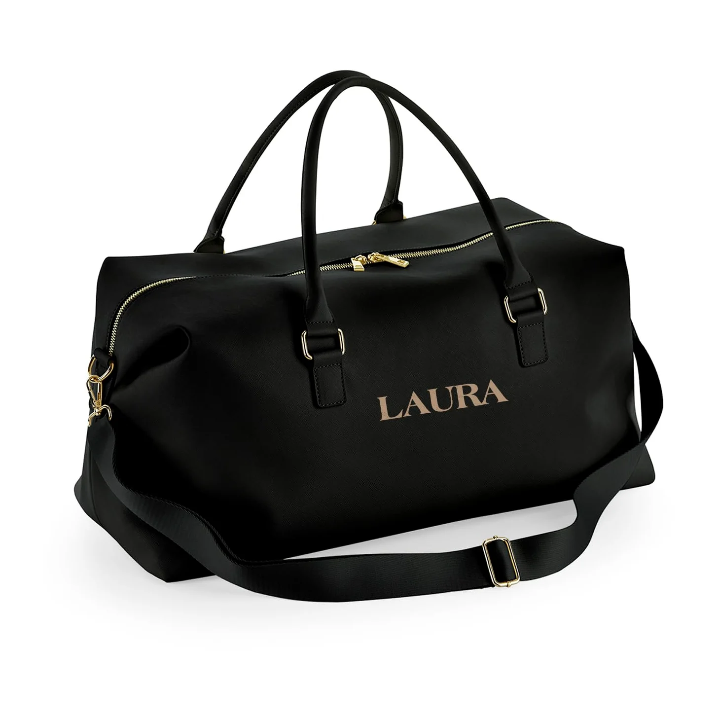 Bolsa de Viaje Mujer Personalizada Negro - Colección Woman | Bolsa Deporte Personalizada con Nombre, Cuero Vegano Saffiano, 25L | Correa Ajustable, Cremallera XL, Bolsillo Interior