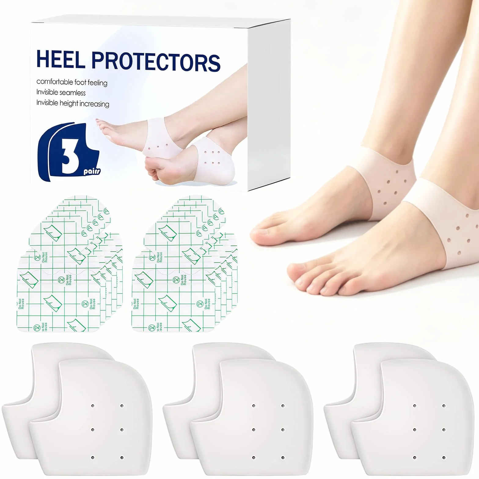 Protector De Silicona Para Talón Transpirables 3 Pares + 10 Piezas Tiritas Taloneras, Calcetin Taloneras De Talón Hidratantes, Blanco