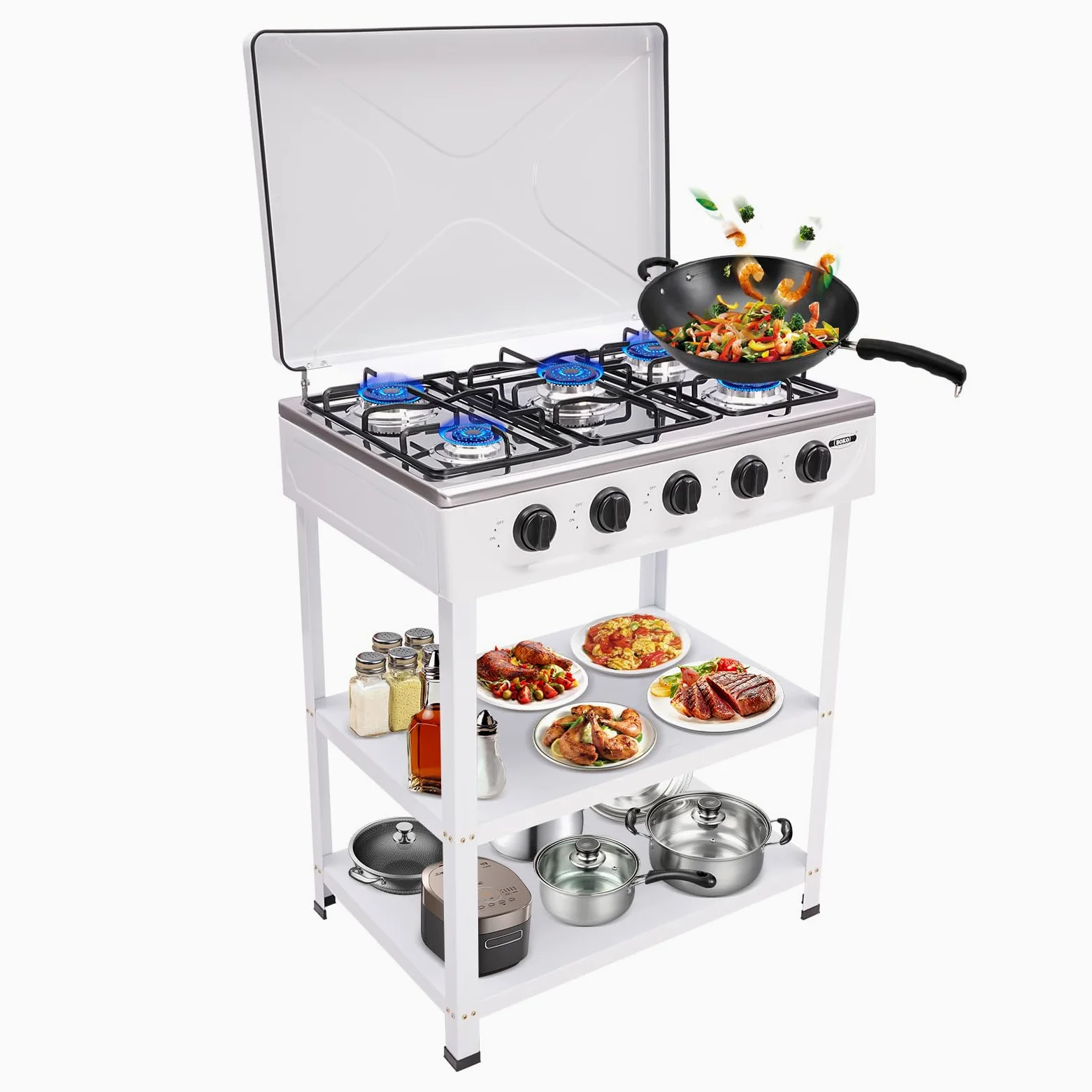 Hornillo de gas para camping independiente, 5 quemadores, portátil, para camping, cocina de gas natural, con 2 estantes, 2,5 kW, para autocaravana, camping (blanco)