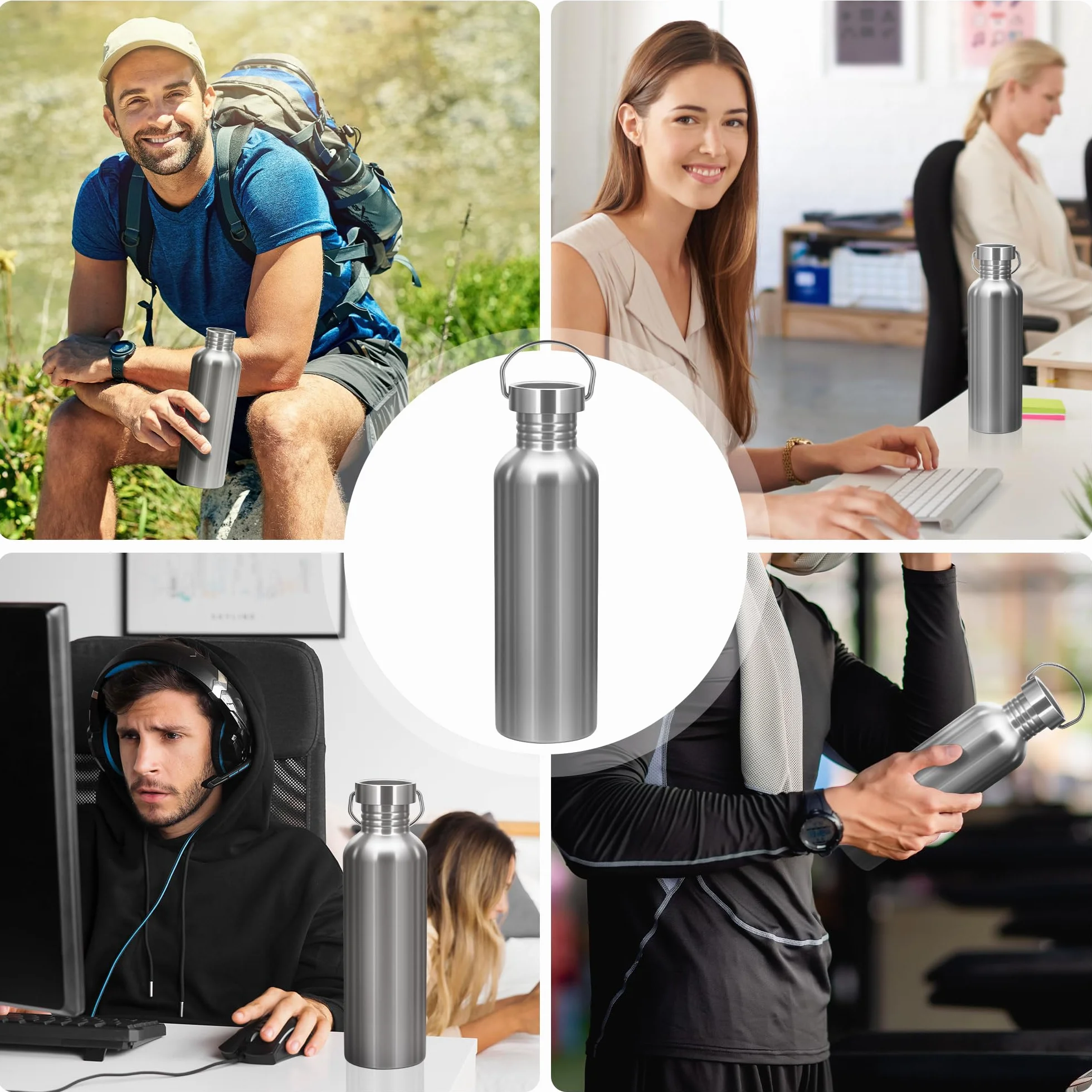 Botella Agua Acero Inoxidable 1000ML (1 Litro) - Cantimplora Acero Inoxidable Sin BPA, Reutilizable Ligera y Sin Fugas, Dos Tapas para Gym, Gimnasio, Deporte, Oficina y Niños