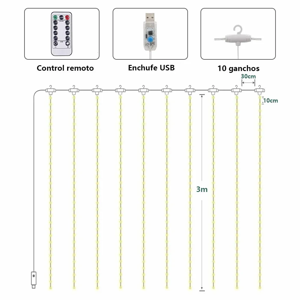 SUNNOW Cortina de Luces 300 LED 300x300cm 8 Modos con Mando USB Impermeable para Fiestas Navidad Bodas