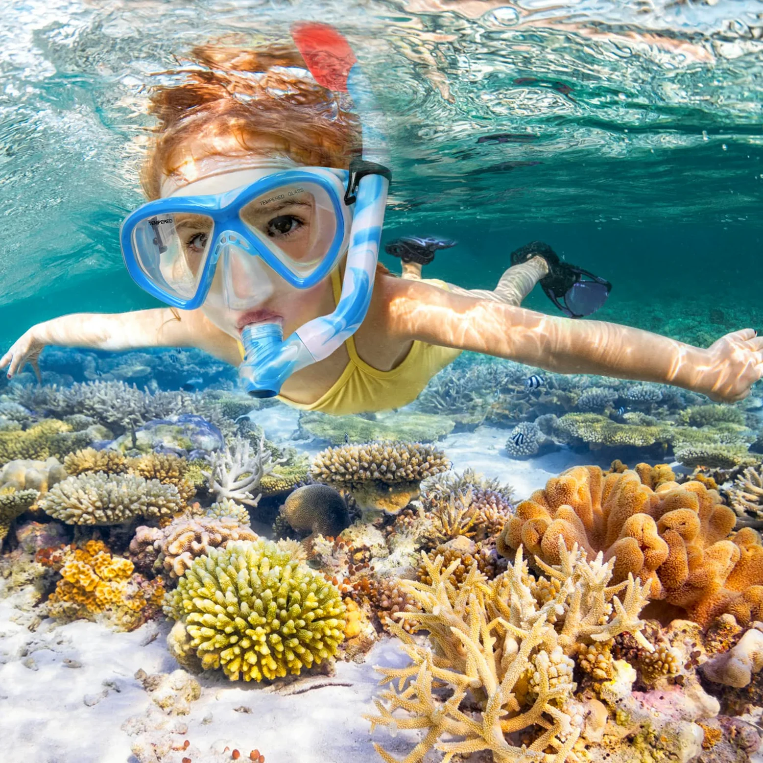 Juego de 2 juegos de esnórquel para niños, equipo de esnórquel para niños, jóvenes, niñas de 5 a 15 años, máscara de buceo de vidrio templado y juego de esnórquel, vista panorámica de 180 grados