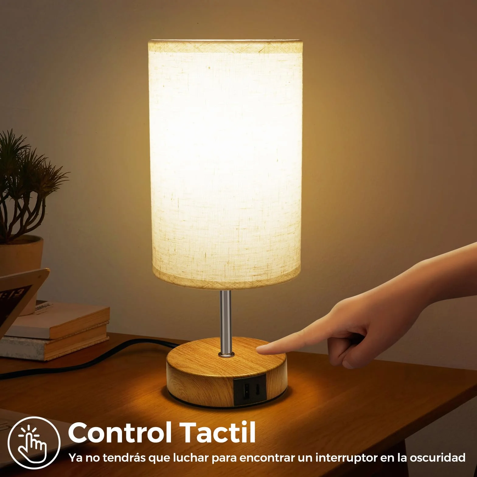 Suright Lámpara de Mesa Táctil Regulable con Puertos USB A+C, Pantalla de Tela de Lino, Bombilla Incluida