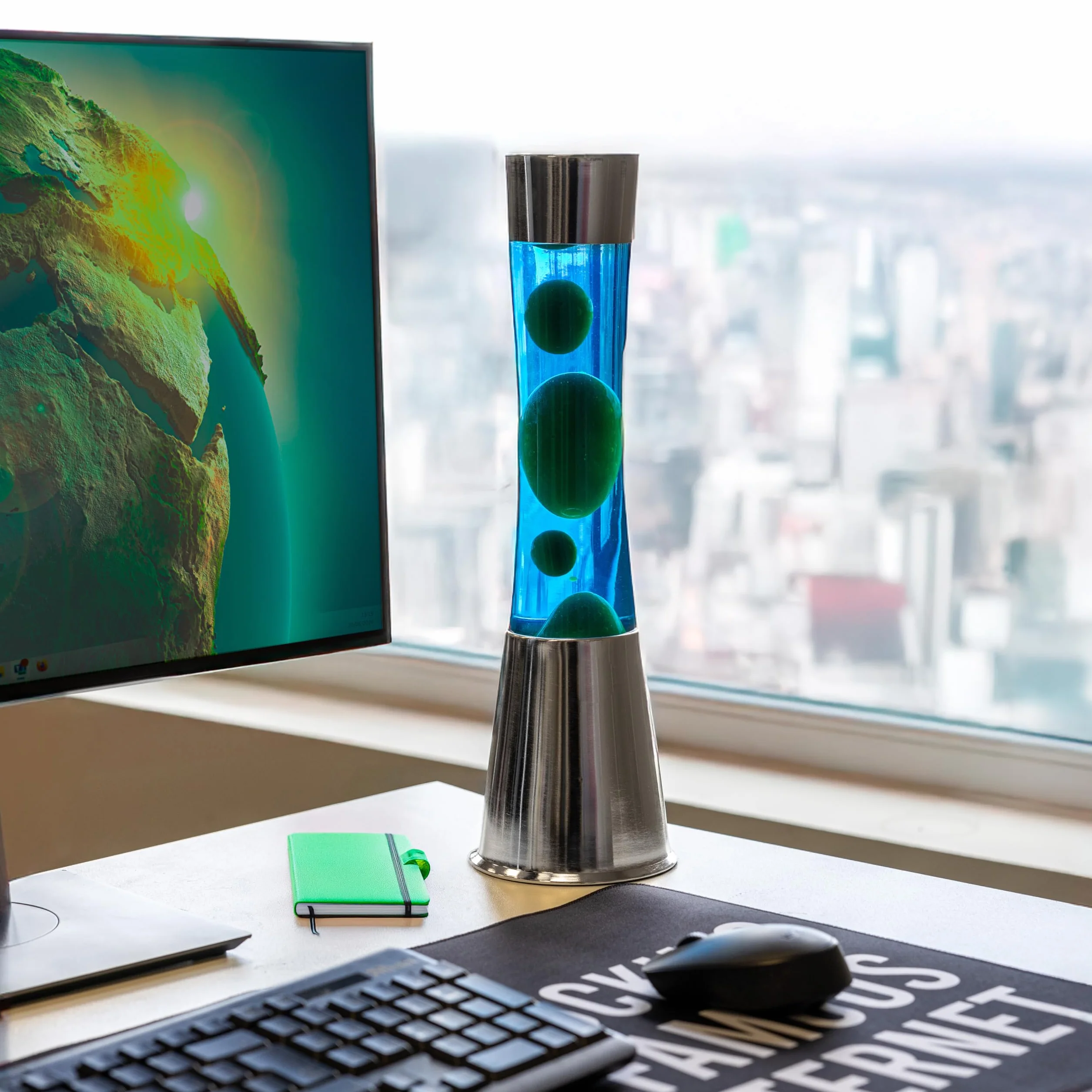 Fisura Lámpara de lava verde y azul 11 cm base cromada con bombilla de repuesto