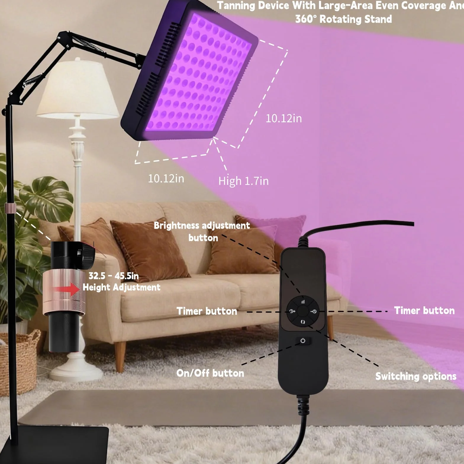 Lámpara de bronceado 100 LED 395 nm cabezal giratorio 360° soporte ángulo