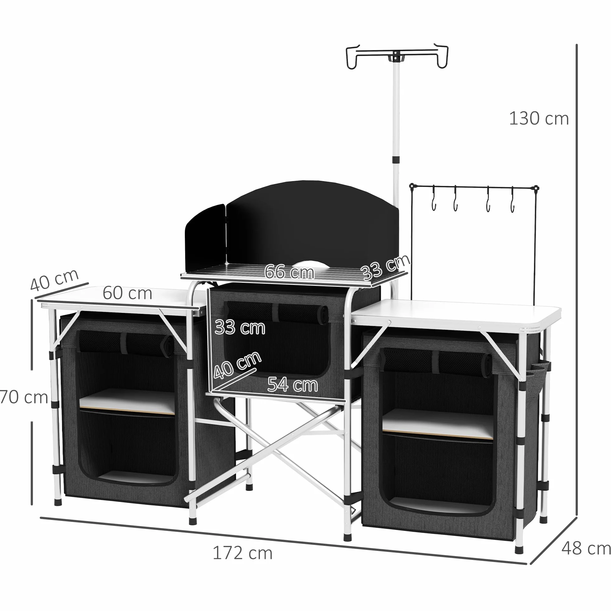 Outsunny Cocina de Camping Plegable, Armario de Camping de 3 Estantes con 5 Estantes Internos, 4 Ganchos y Bolsa de Transporte, Aluminio, MDF y Tejido Oxford, UV50+, 172x48x119 cm, Negro