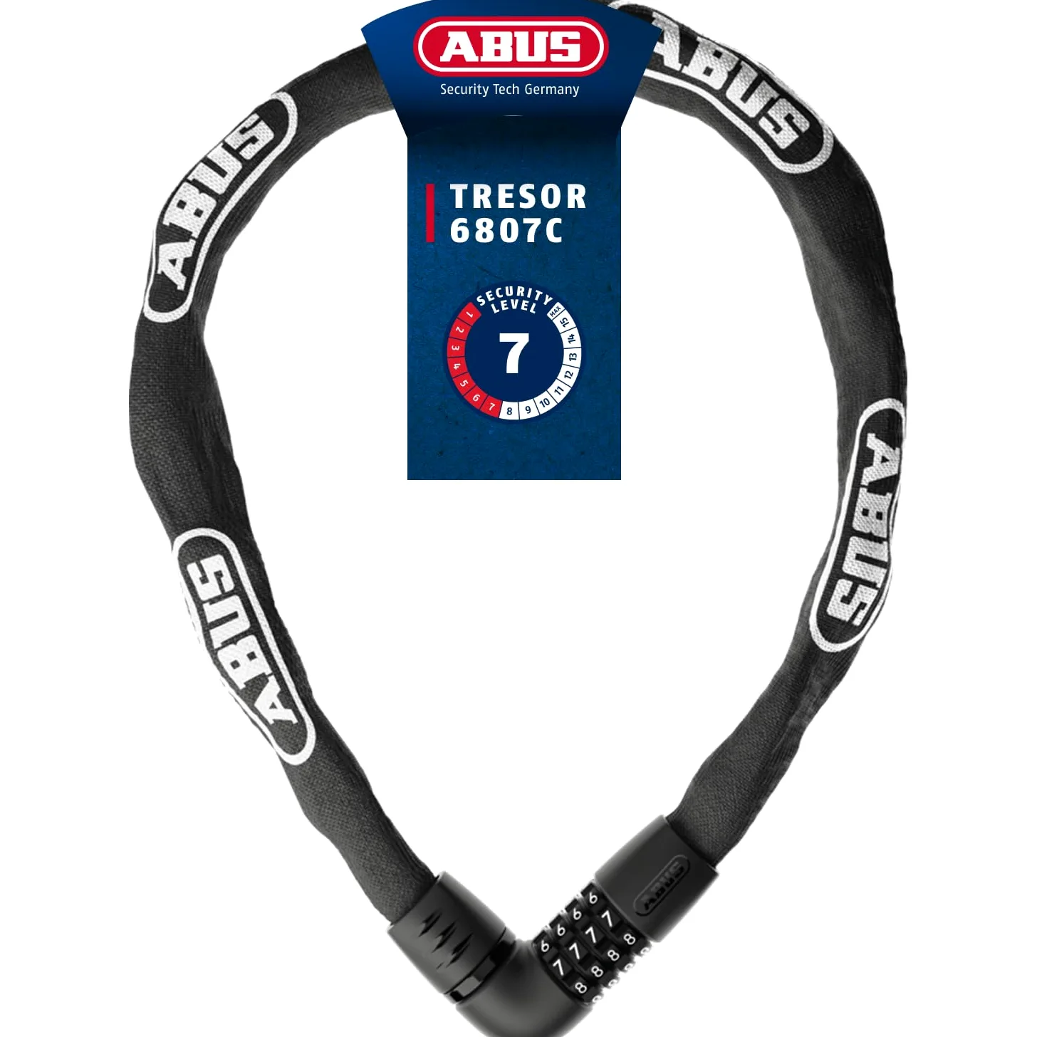 ABUS Candado de Cadena Tresor 6807C, longitud 110 cm, negro | Candado para bicicleta con cierre cómodo, cadena cuadrada 7 mm, código de 4 dígitos, protección táctil