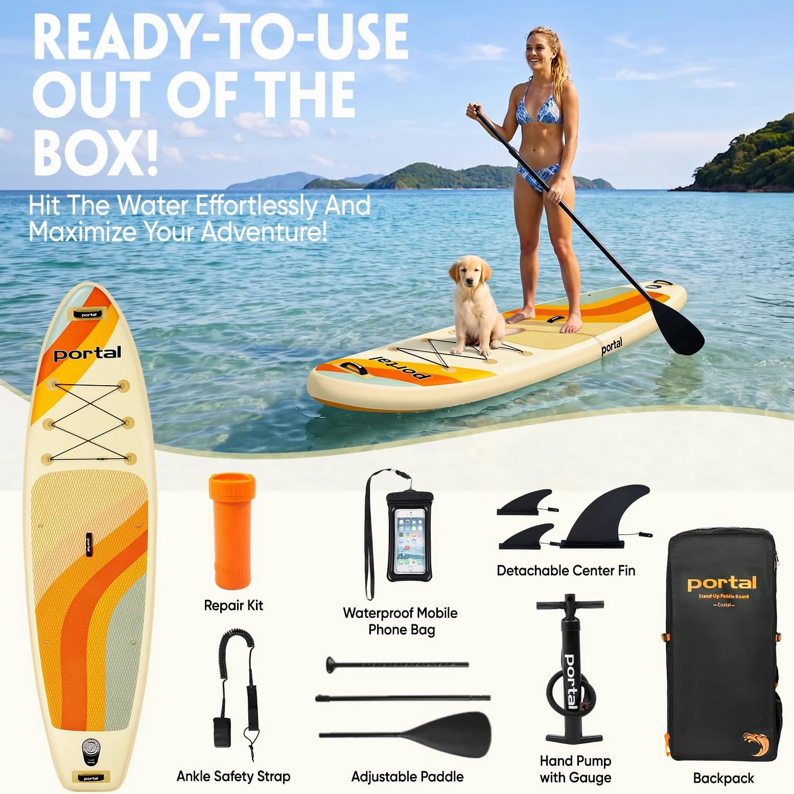 Portal Tabla de Remo de pie, Tablas de Remo inflables de 10 pies 6 x 33 x 6 Pulgadas con Accesorios de Sup Que Incluyen Bolsa de Transporte, Bomba de Mano, Remo, Correa, Aleta, Kit de reparación,