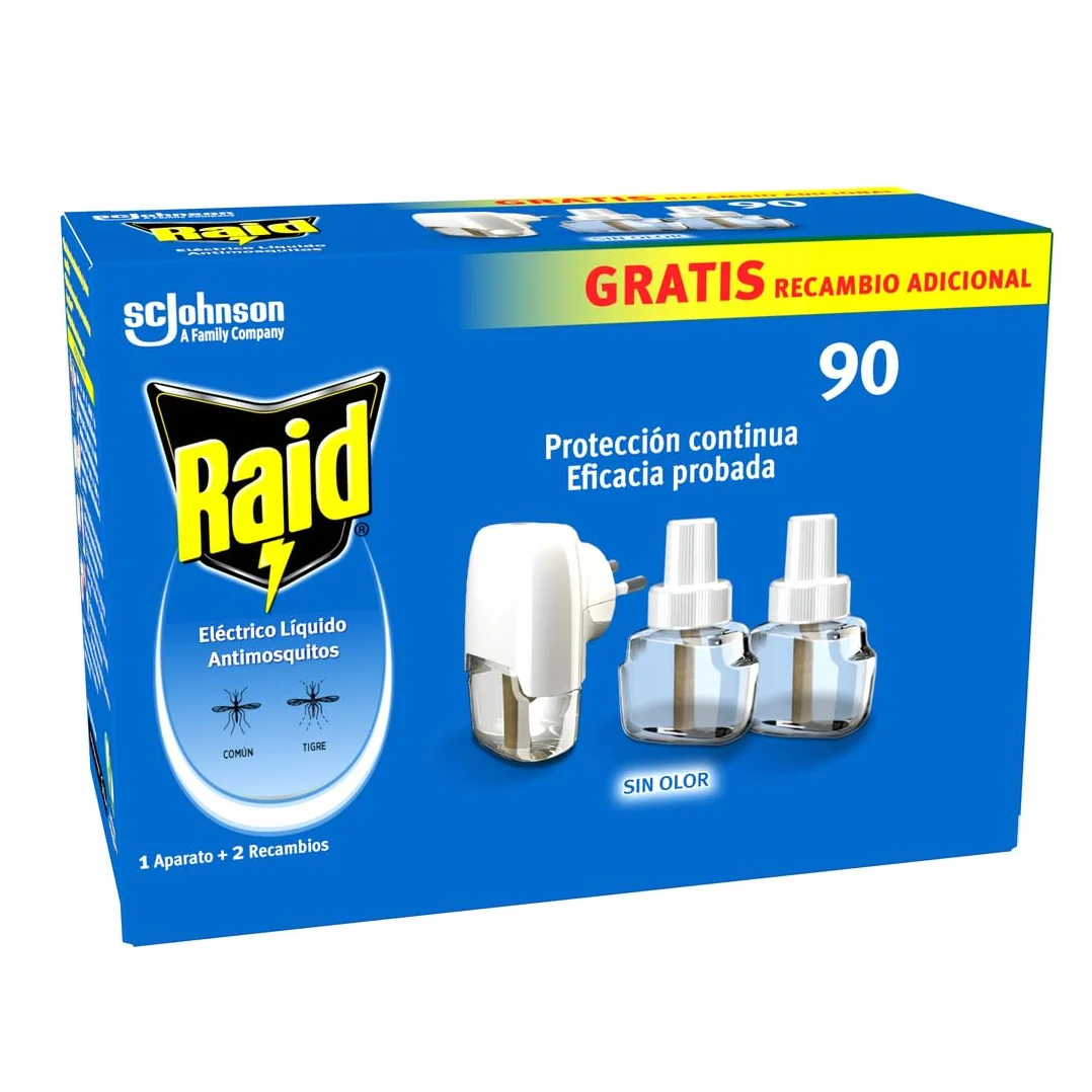 Raid Eléctrico Anti Mosquitos Comunes y Tigre 90 Noches 54ml 2x27ml con Aplicador y Recambios