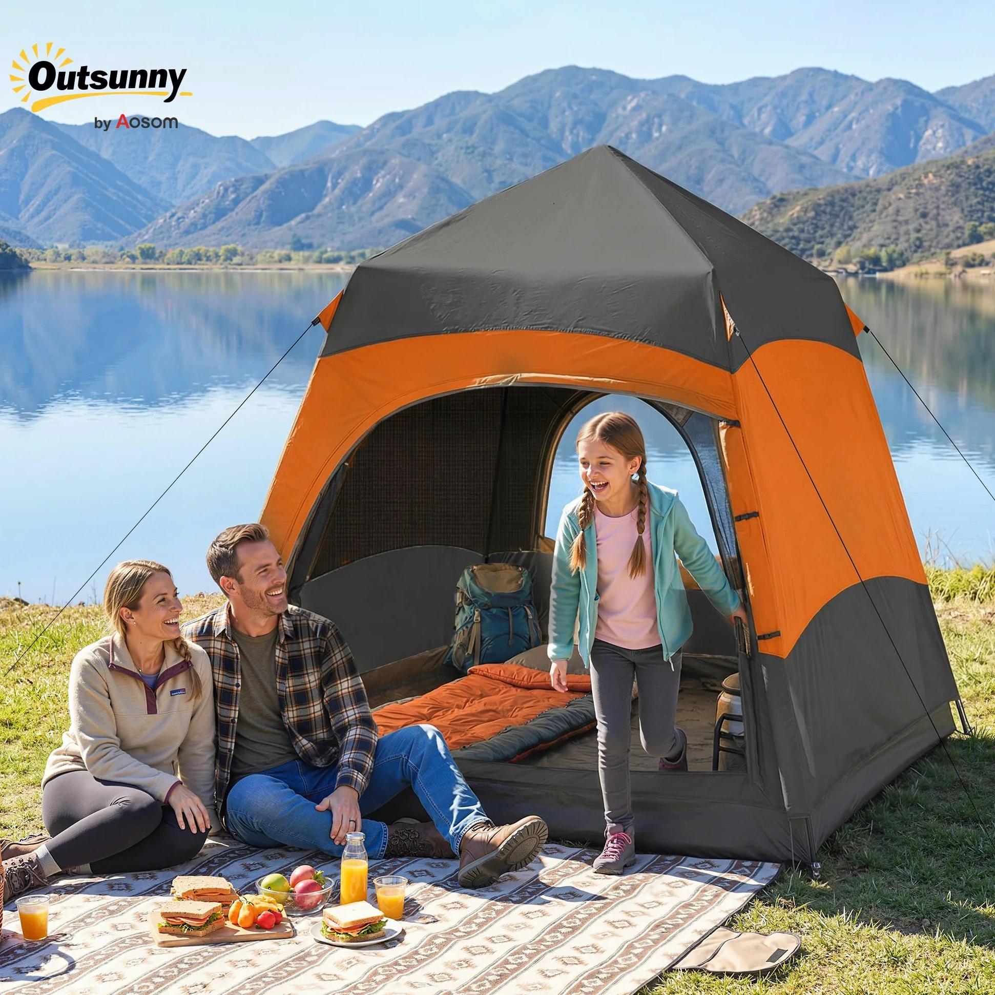 Tienda de campaña instantánea de Doble Capa Outsunny con Cubierta Impermeable, Tienda Domo Hexagonal para 4 Personas, Refugio de Camping portátil con Suelo Cosido y Bolsa de Transporte, Ideal para