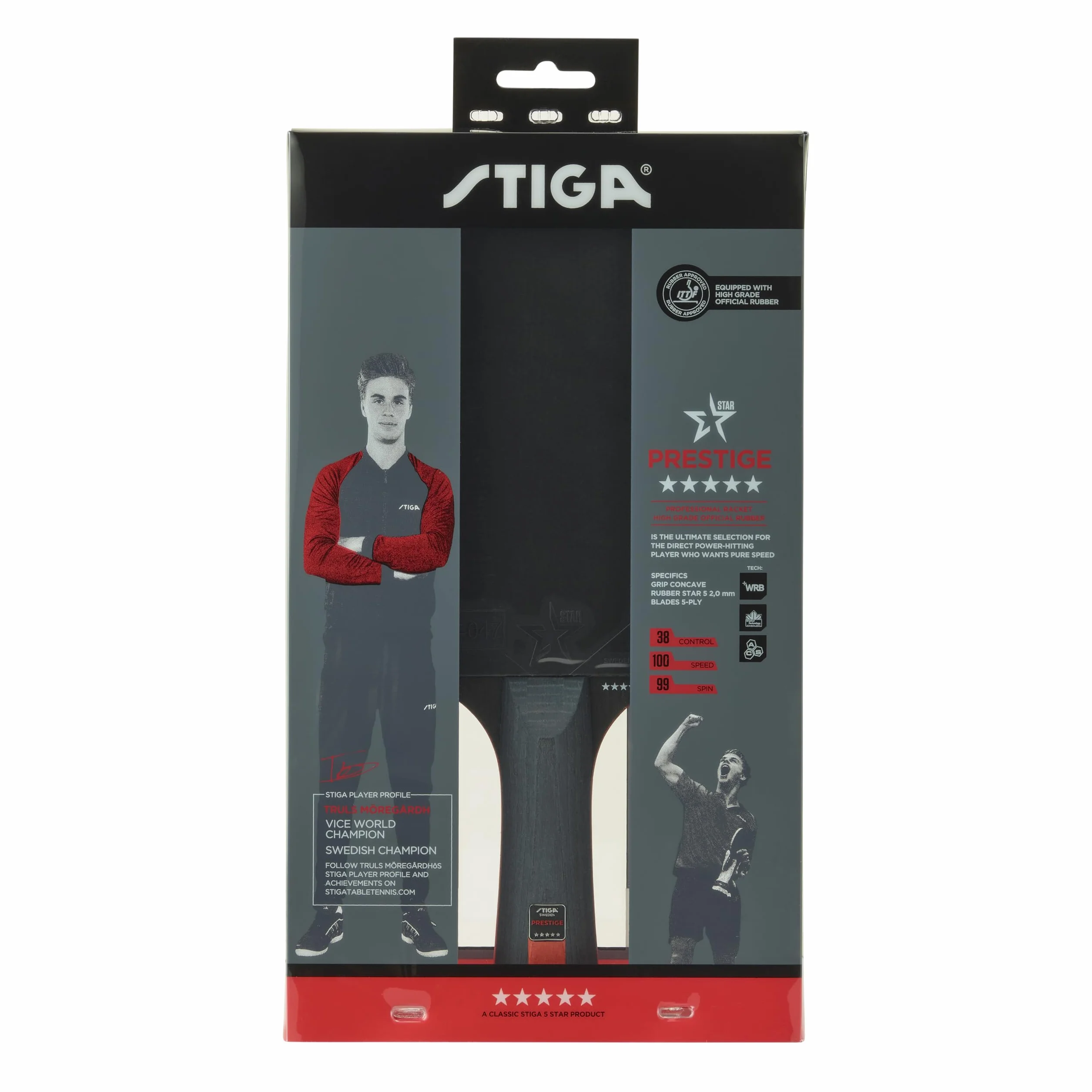 STIGA Prestige 5-Star Table Tennis Racket Professional High-Speed Ping Pong Paddle ITTF-Approved Rubber 2.0mm Sponge WRB Technology