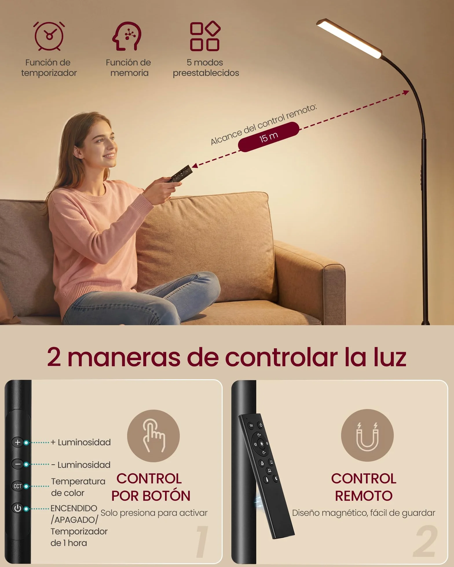 VASAGLE Lámpara de Pie Ajustable 141-175 cm 15 W 360° Flexible Temporizador Control Remoto Negro Mate